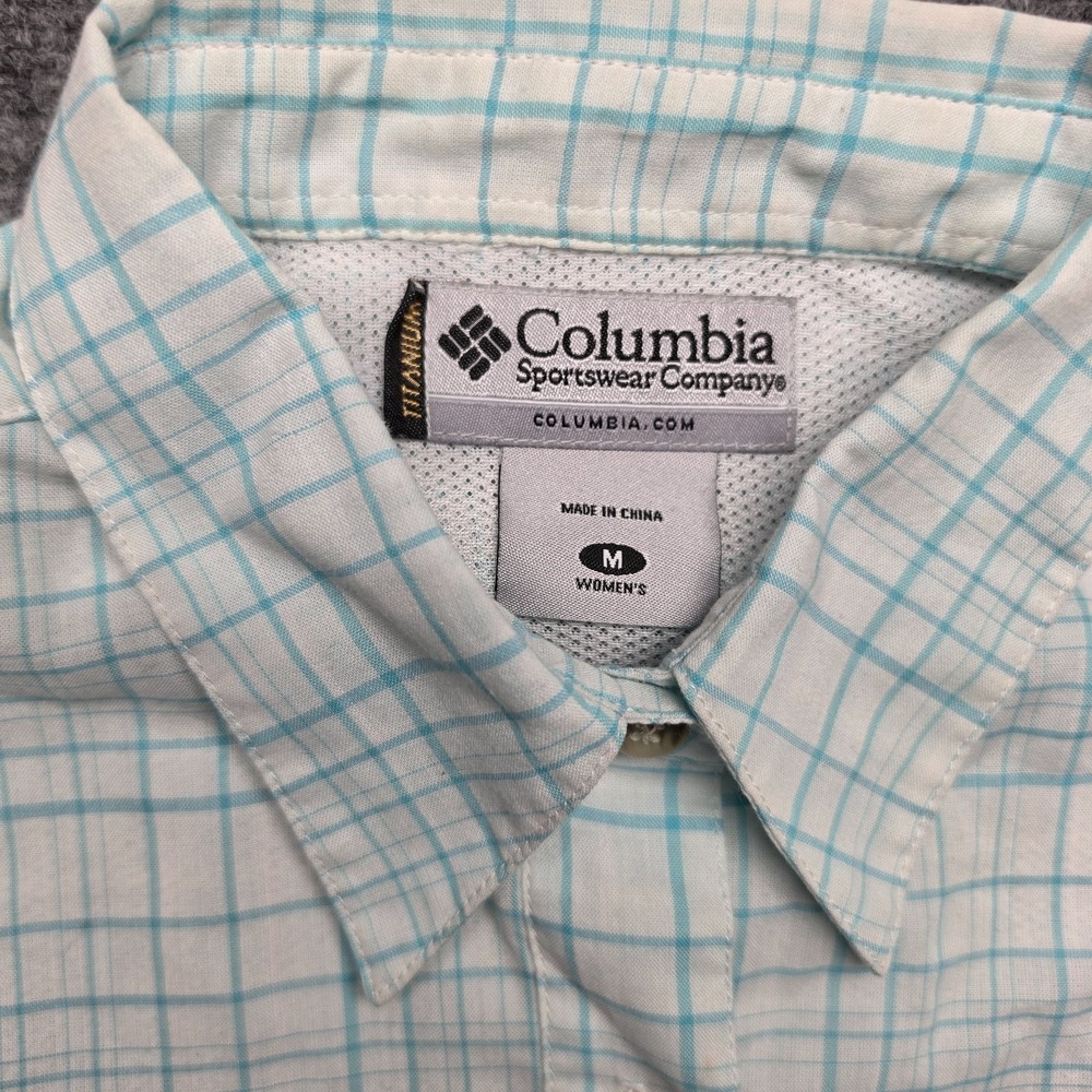 Columbia Titanium Womens M Shirt Plaid Short Sleeve Hiking Top Aqua Grid Checked - Picture 3 of 12